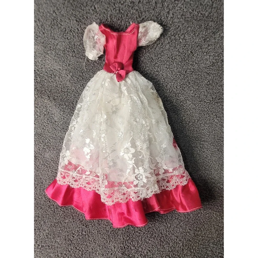 Vintage Pink Satin and White Lace Doll Ball Gown Dress with Puff Sleeves